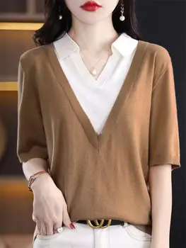 Kadın Kaşmir Yün Tee Tops 2023 Bahar Turn Down Yaka Triko bluz Bayanlar Kısa Kollu Örgü Gömlek Polo Elbise