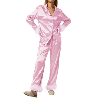 Kadın Pijama Tüy Dekorasyon Düz Renk Uzun Kollu Düğme Aşağı Yaka Yaka Üstleri + Pantolon Sonbahar Kış Ev pijama Seti