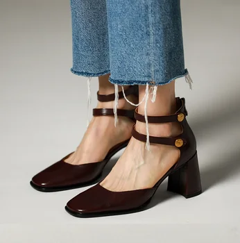 Kadın Pompaları İnek Derisi Mary Jane basit ayakkabı İki Sapanlar Yaz SandalsElegant Bayanlar Ayakkabı Geri Zip Bahar Sonbahar Vintage Pompalar