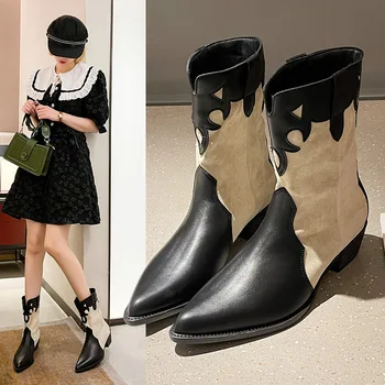 Kadın Sonbahar Beyaz Kovboy Vintage Batı Ayak Bileği Kısa kovboy çizmeleri Retro Yüksek top Ayakkabı Kadınlar için Topuk İle Kız 2021 Kazaklar