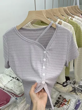 Kadın T-shirt Harajuku Menekşe Sevimli Kırpma Üstleri Kore Y2k T Shirt Elbise 2023 Yaz Kawaii Komik Yeşil Kısa Kollu Tee Üst