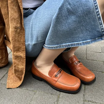 Kadın Temel Tarzı Yakışıklı Loafer'lar Payetli Kare Ayak Bahar basit ayakkabı Kadın Flats İnek Derisi Gerçek deri bayan Ayakkabıları