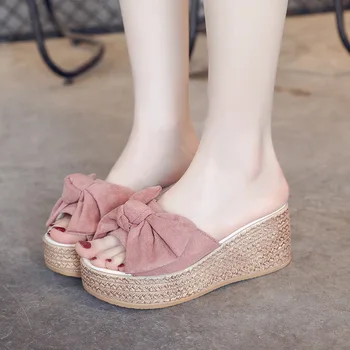 Kadın yaz kadife kelebek düğüm sandalet takozlar terlik platform ayakkabılar kalın yüksek topuklu plaj ayakkabısı kaymaz flip flop