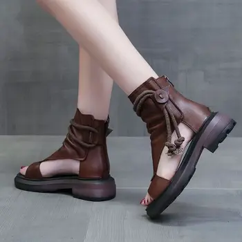 Kadın Yaz Roma Sandalet Botları 2023 Orta Topuklu Takozlar Ayakkabı Bayanlar Vintage PU Deri Sandalias Mujer Sapato Feminino Q123