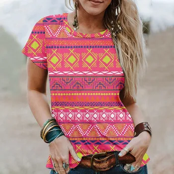 Kadın Yaz Üstleri 2023 Moda Yeni Kafa Kısa kollu Soyut Baskı Gevşek Yuvarlak Boyun T-shirt Kadın