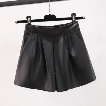 Kadın Şık Suni Deri Şort Geniş Bacak Rahat Bahar Sonbahar Kadın Siyah Bej PU kısa pantolon Mujer Elastik Bel