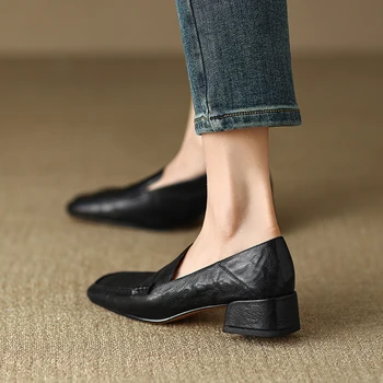 Kadınlar basit ayakkabı Gerçek Deri SquareToe Kadın Ayakkabı Kaliteli Slip-On Vintage Loafer'lar Elbise iş ayakkabısı Koyun Derisi Bahar Loafer'lar