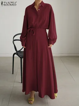 Kadınlar Casual Uzun Kollu Yaka SundressOversized Lace Up Gömlek Elbise ZANZEA Zarif Vestidos Tatil Parti Kaftan Femme Elbise
