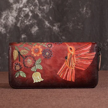 Kadınlar uzun cüzdan Hakiki Deri Para Kullanışlı Fermuarlı Çanta Kartları Tutucu Lüks Kuş Çiçek Vintage Kadın Debriyaj Bilek Çanta Çanta