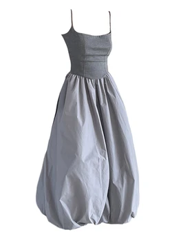 Kadınlar Vintage Katı Renk 2 Parça Kıyafet Moda Yeni Sıska Kare Yaka Askı Yelek+A-line Pileli Ayak Bileği Uzunluk Etekler