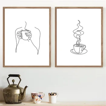 Kahve Sanat Tuval Poster Çizgi Çizim Soyut resim Fincan Eller Duvar sanat baskı Minimalist Posterler Duvar Resimleri mutfak dekoru