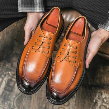 Kahverengi Lüks Oxford Ayakkabı erkek Klasik Retro Brogue Ayakkabı Erkek Dantel-Up Deri Elbise Iş Ofis Flats Erkekler Düğün Ayakkabı