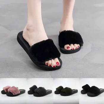 Kapalı Ayakkabı kadın Kış Eğlence Peluş Sıcak kaymaz Ev Terlik Tek Ayakkabı Sandalet Flats Kadın Kürk Flip Flop