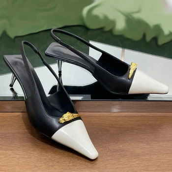 Kare Ayak Siyah Beyaz Karışık Renkler Ayakkabı Kadınlar için Yaz Metal Stiletto Arkası Açık İskarpin Marka Tasarımcısı Modern Sandalet Bayanlar Pompaları