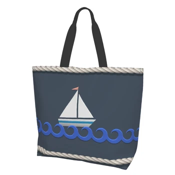 Karikatür Yelkenli Denizcilik Halat Retro Koyu Mavi Tuval Tote Çanta Kadınlar için Hafta Sonu Mutfak Kullanımlık Bakkal Torbaları Toplu