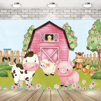 Karikatür Çiftlik Hayvanları Pembe Ahır Mutlu Doğum Günü Partisi Fotoğraf Arka Plan Afiş Dekorasyon