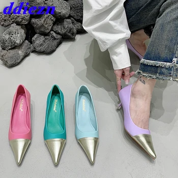Karışık Renkler Moda Metal Kadın Med Topuklu Sandalet Sivri Burun Kadın Ayakkabı Sığ Ayakkabı Pompaları Bayanlar 2023 Yaz Bahar