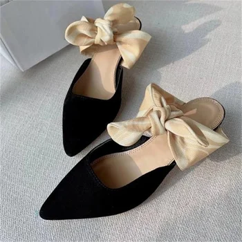 Kelebek düğüm bayan ayakkabıları Doku Katır Yavru Topuklu Siyah Sivri Burun Kadın Sandalet Şerit Zapatos De Mujer Katı Sandalias