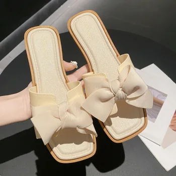 Kelebek Düğüm Kadın Terlik Yaz Açık Kaydırıcılar Kadınlar için Düşük Topuklu kaymaz Lüks tasarım ayakkabı Yumuşak PVC Kare Ayak