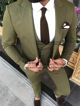 Klasik Yeşil Slim Fit Erkek Takım Elbise Doruğa Yaka Düğün Damat Smokin 3 Parça Ceket Yelek pantolon seti Erkek İş Masculino Blazer