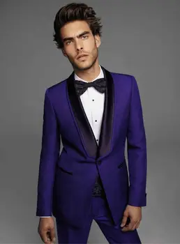 Kraliyet Mavi Erkek Takım Elbise Bir Düğme Moda Terno Masculino Son pantolon ceket Tasarım Şal Yaka Blazer Fit (Ceket + Pantolon + Papyon + Yelek)