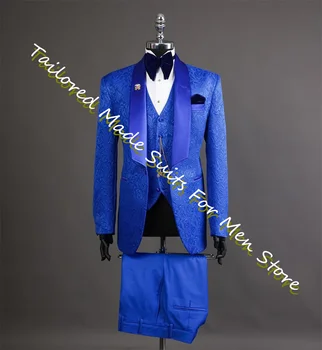 Kraliyet Mavi Jakarlı Düğün Zarif Parti Elbiseler Damat İçin 2023 Blazer Setleri Yüksek Kaliteli Erkek Takım Elbise Setleri 3 Adet Resmi Durum