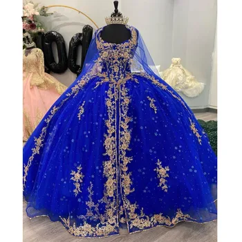 Kraliyet Mavi Quinceanera Elbiseler altın Aplikler Dantel Çiçekler Balo Pelerin Sevgiliye Korse Tatlı 15 Kızlar Parti