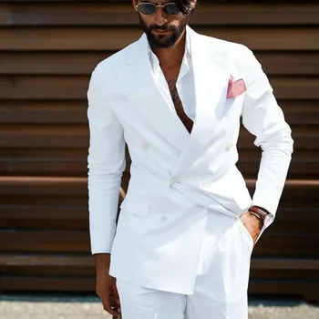 Kruvaze Erkek Takım Elbise Beyaz Slim Fit Düğün Smokin Damat için 2 Parça Rahat Tarzı Erkek Moda Ceket Pantolon ile 2023