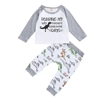 Küçük Erkek Nefes Elbise Takım Elbise Toddlers Bahar Sonbahar Yuvarlak Yaka Uzun Kollu Mektup Üst + Yaratıcı Dinozor Baskı