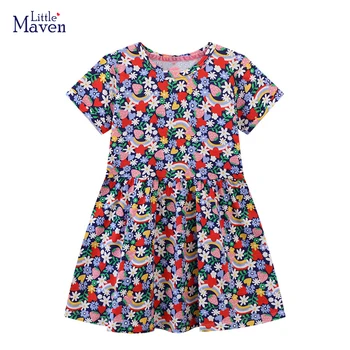 Küçük Maven Yeni Kore Pamuk Kız Elbise Karikatür Kısa Kollu Çiçekler Elbiseler Çocuklar için çocuk giyim Vestidos Yaz