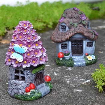 Küçük Reçine Ağaç Ev Heykelleri İçin led ışık İle Ev Bahçe Yard Çim Dekorasyon El Boyalı Gül Kahverengi Çiçek Odası Heykel