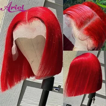 Kırmızı Dantel Ön İnsan Saç Peruk Kadınlar İçin HD Şeffaf Dantel Düz Kısa Peruk Önceden Koparıp Sıcak Kırmızı Bob Peruk Brezilyalı Remy Saç