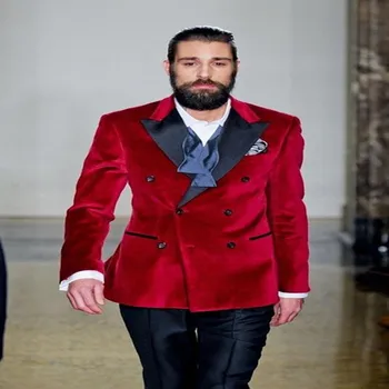 Kırmızı Doruğa Yaka Kadife Erkek Takım Elbise 2020 son Tasarım 2 Adet (Ceket+Pantolon) moda Yakışıklı Terno Masculino Ismarlama Artı Boyutu