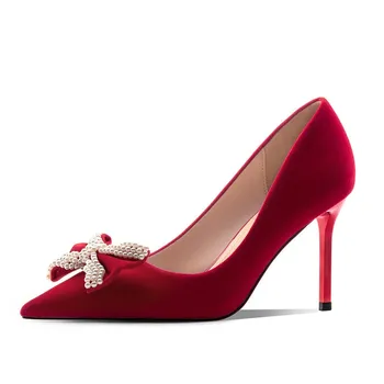 Kırmızı Düğün Ayakkabı sivri uçlu elbise Ayakkabı kadınlar yüksek topuk Yay gelin ayakkabıları Stiletto