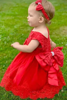 Kırmızı Çiçek Kız Elbise Sevimli Yürümeye Başlayan Dantel Çiçek Figürü Üst Yay İle Fit Düğün Parti Doğum Günü İlk Communion Abiye