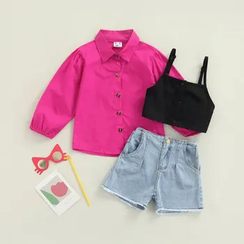 Kız Giyim setleri Bahar Sonbahar Toddler Kız Elbise Çocuklar Uzun Kollu Gömlek Kot Şort Yelek Kız Elbise Çocuk Giyim