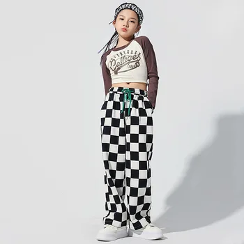 Kızlar Hip Hop Giyim Baskı Kırpma Üst Uzun Kollu T Shirt Tee Rahat Ekose Pantolon Çocuklar Caz dans kostümü Gençler Sokak Giyim