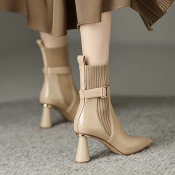 Kış Seksi Bayan Botları Haki Hakiki Deri Yüksek Topuklu Kadın Ayakkabı Pompaları Çizmeler Dropshipping Sivri Burun Kayma yarım çizmeler