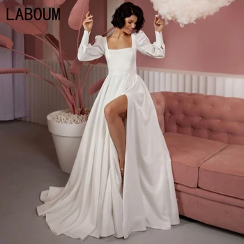 LaBoum Beyaz A-LİNE Kare Yaka Mahkemesi Tren Saten Basit düğün elbisesi 2023 vestido de noiva brautkleider robe de mariée