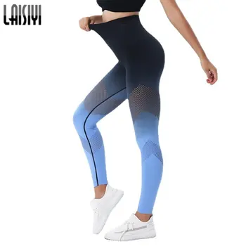 LAISIYI Yüksek Bel Tayt Degrade Kadın Spor Hollow Out Kabarcık Popo Legging Push Up Leggins Yaz WorkoutGym spor pantolonları