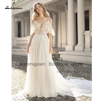 Lakshmigown Seksi Gelin Boho Plaj düğün elbisesi Spagetti Sapanlar 2023 Kabarık Şifon Uzun Bir Çizgi Kadın Gelinlikler