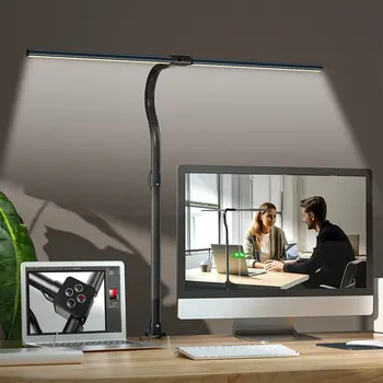 LED Çift Kafa masa okuma lambası 24W Katlanabilir Salıncak Kolu masa lambası Klipsli Kısılabilir İş İstasyonu PC için Göz Koruması Ofis
