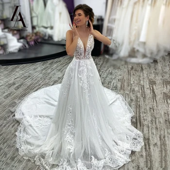 LelaAcra Kolsuz düğün elbisesi 2022 V Yaka Aplikler Boncuklu A-Line Mahkemesi Tren Prenses Gelin Törenlerinde LI132 Vestido de Noiva