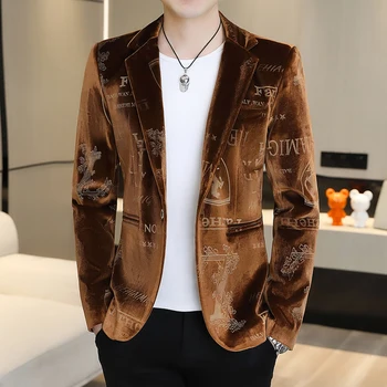 Lüks Altın Kadife Erkekler Blazers Sonbahar Kore Bir Düğme Ince Erkek günlük giysi Ceket Yeni Varış Marka Bronzlaşmaya Blazer Masculino