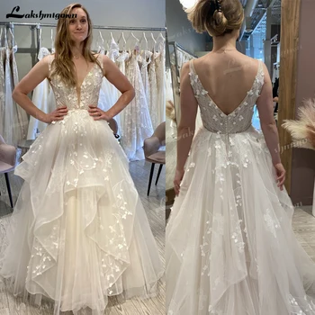 Lüks düğün elbisesi 2023 Fırfır etekli Balo Dalma V Yaka Şeffaf Korse Dantel Aplikler V Yaka Sapanlar Kat Uzunluk