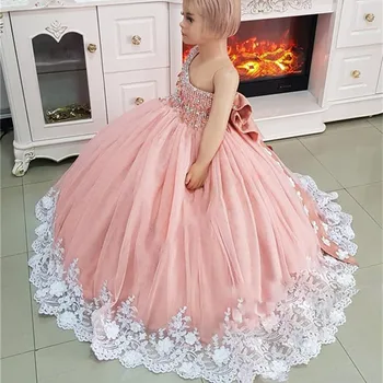 Lüks Kristaller Bir Omuz Çiçek Kız Elbise Düğün için 3D Çiçek Boncuk Yürüyor Bebek Prenses Elbisesi Bebek Doğum Günü Giyer