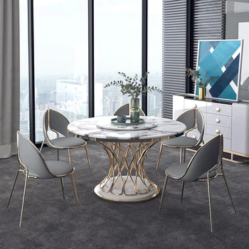 Lüks mermer yuvarlak yemek masası ve sandalye kombinasyonu İskandinav modern 1.2 m ev döner tablalı