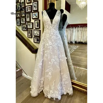 Lüks Parlak Dantel Çiçek Allık Pembe düğün elbisesi V Boyun Sweep Tren Robe Mariee gelinlikler Kadınlar için Özel Yapılmış 2023