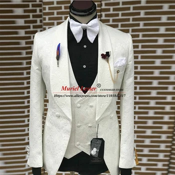 Lüks Çiçek Düğün Takımları Fildişi Jakarlı Damat Erkekler Blazer Setleri Tailored Made Kruvaze Erkek Moda Iş Giyim