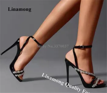 Lınamong Zarif Büyük Rhinestones İnce topuklu sandalet Siyah Rugan Kristaller Sapanlar Stiletto Topuk Ayakkabı Parti Elbise Pompaları